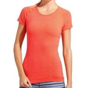 Athleta Fastest Track Neon Orange Ruched Seamless Short Sleeve Top